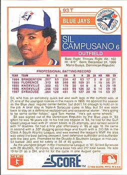 1988 Score Rookie & Traded #93T Sil Campusano Back