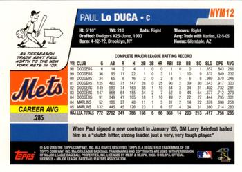 2006 Topps New York Mets #NYM12 Paul Lo Duca Back