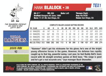 2006 Topps Texas Rangers #TEX1 Hank Blalock Back