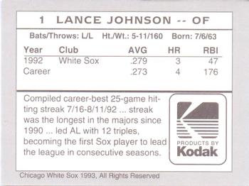 1993 Kodak Chicago White Sox #1 Lance Johnson Back