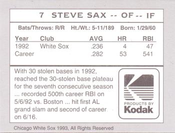 1993 Kodak Chicago White Sox #7 Steve Sax Back
