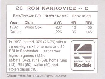 1993 Kodak Chicago White Sox #20 Ron Karkovice Back