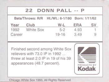 1993 Kodak Chicago White Sox #22 Donn Pall Back