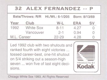 1993 Kodak Chicago White Sox #32 Alex Fernandez Back