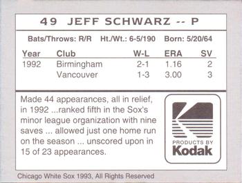 1993 Kodak Chicago White Sox #49 Jeff Schwarz Back
