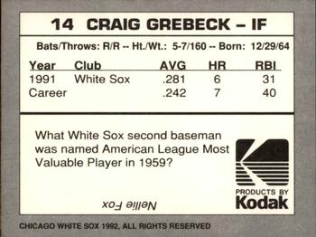 1992 Kodak Chicago White Sox #NNO Craig Grebeck Back