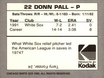 1992 Kodak Chicago White Sox #NNO Donn Pall Back