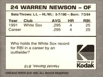 1992 Kodak Chicago White Sox #NNO Warren Newson Back