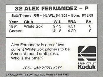 1992 Kodak Chicago White Sox #NNO Alex Fernandez Back