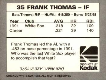 1992 Kodak Chicago White Sox #NNO Frank Thomas Back
