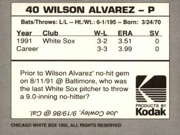1992 Kodak Chicago White Sox #NNO Wilson Alvarez Back