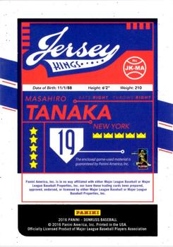 2016 Donruss - Jersey Kings #JK-MA Masahiro Tanaka Back