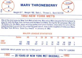 1982 Galasso 20 Years of New York Mets #1 Marv Throneberry Back
