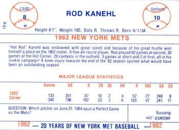 1982 Galasso 20 Years of New York Mets #8 Rod Kanehl Back