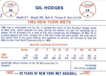 1982 Galasso 20 Years of New York Mets #10 Gil Hodges Back