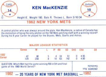 1982 Galasso 20 Years of New York Mets #14 Ken MacKenzie Back