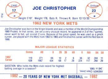 1982 Galasso 20 Years of New York Mets #17 Joe Christopher Back