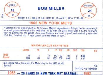 1982 Galasso 20 Years of New York Mets #18 Bob Miller Back