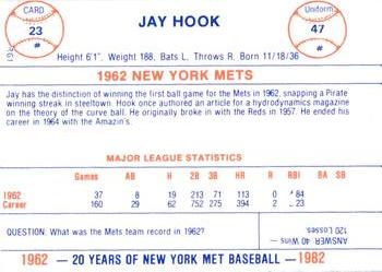 1982 Galasso 20 Years of New York Mets #23 Jay Hook Back