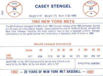 1982 Galasso 20 Years of New York Mets #26 Casey Stengel Back