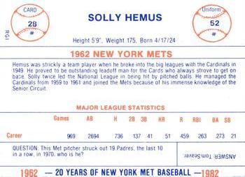 1982 Galasso 20 Years of New York Mets #28 Solly Hemus Back