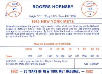 1982 Galasso 20 Years of New York Mets #29 Rogers Hornsby Back