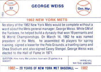 1982 Galasso 20 Years of New York Mets #32 George Weiss Back