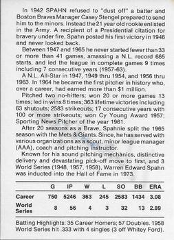 1988 Marshalltown Area Baseball Card Club #NNO Warren Spahn Back