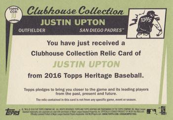 2016 Topps Heritage - Clubhouse Collection Relics #CCR-JU Justin Upton Back