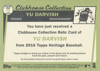 2016 Topps Heritage - Clubhouse Collection Relics #CCR-YD Yu Darvish Back