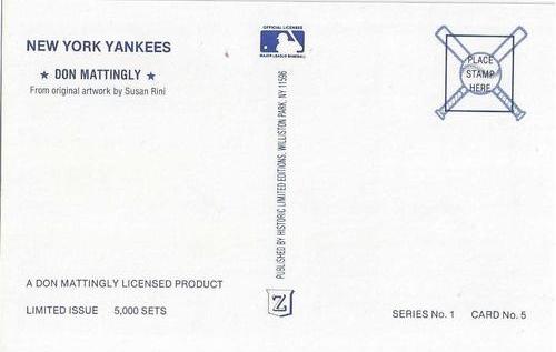 1989 Historic Limited Editions Don Mattingly Postcards (Series 1) #5 Don Mattingly Back