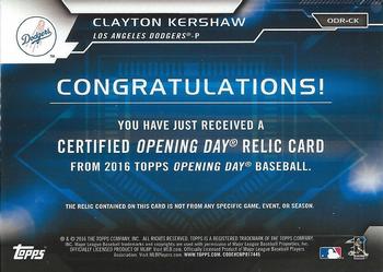 2016 Topps Opening Day - Opening Day Relics #ODR-CK Clayton Kershaw Back