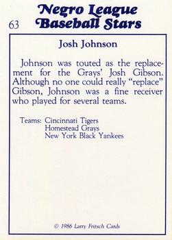 1986 Fritsch Negro League Baseball Stars #63 Josh Johnson Back