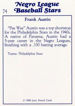 1986 Fritsch Negro League Baseball Stars #74 Frank Austin Back