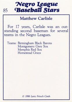 1986 Fritsch Negro League Baseball Stars #85 Matthew Carlisle Back
