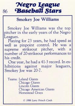 1986 Fritsch Negro League Baseball Stars #86 Smokey Joe Williams Back