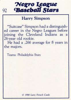 1986 Fritsch Negro League Baseball Stars #92 Harry Simpson Back