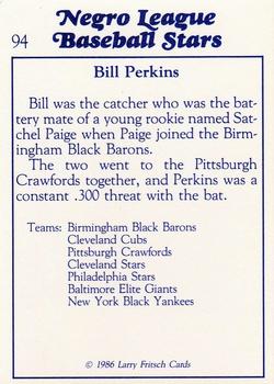 1986 Fritsch Negro League Baseball Stars #94 Bill Perkins Back