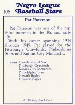 1986 Fritsch Negro League Baseball Stars #106 Pat Paterson Back