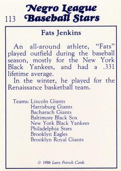 1986 Fritsch Negro League Baseball Stars #113 Fats Jenkins Back
