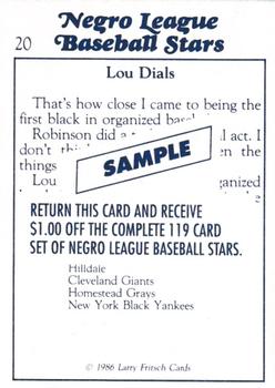 1986 Fritsch Negro League Baseball Stars - Fritsch Negro League Baseball Samples #20 Lou Dials Back