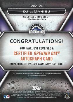 2016 Topps Opening Day - Opening Day Autographs #ODA-DL DJ LeMahieu Back