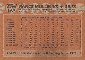 1988 Topps #167 Rance Mulliniks Back