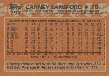 1988 Topps #292 Carney Lansford Back