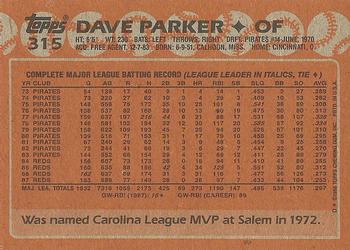 1988 Topps #315 Dave Parker Back