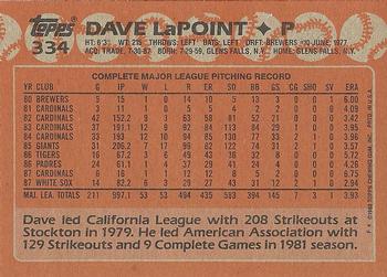 1988 Topps #334 Dave LaPoint Back