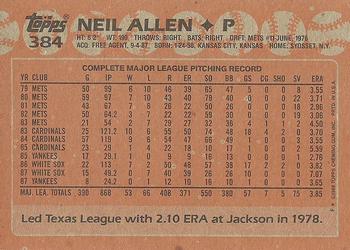 1988 Topps #384 Neil Allen Back