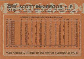 1988 Topps #419 Scott McGregor Back
