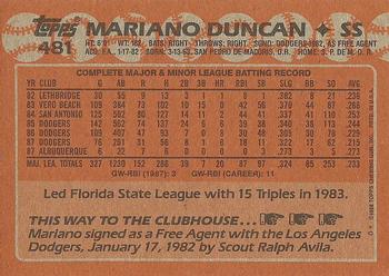 1988 Topps #481 Mariano Duncan Back