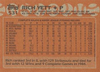 1988 Topps #531 Rich Yett Back